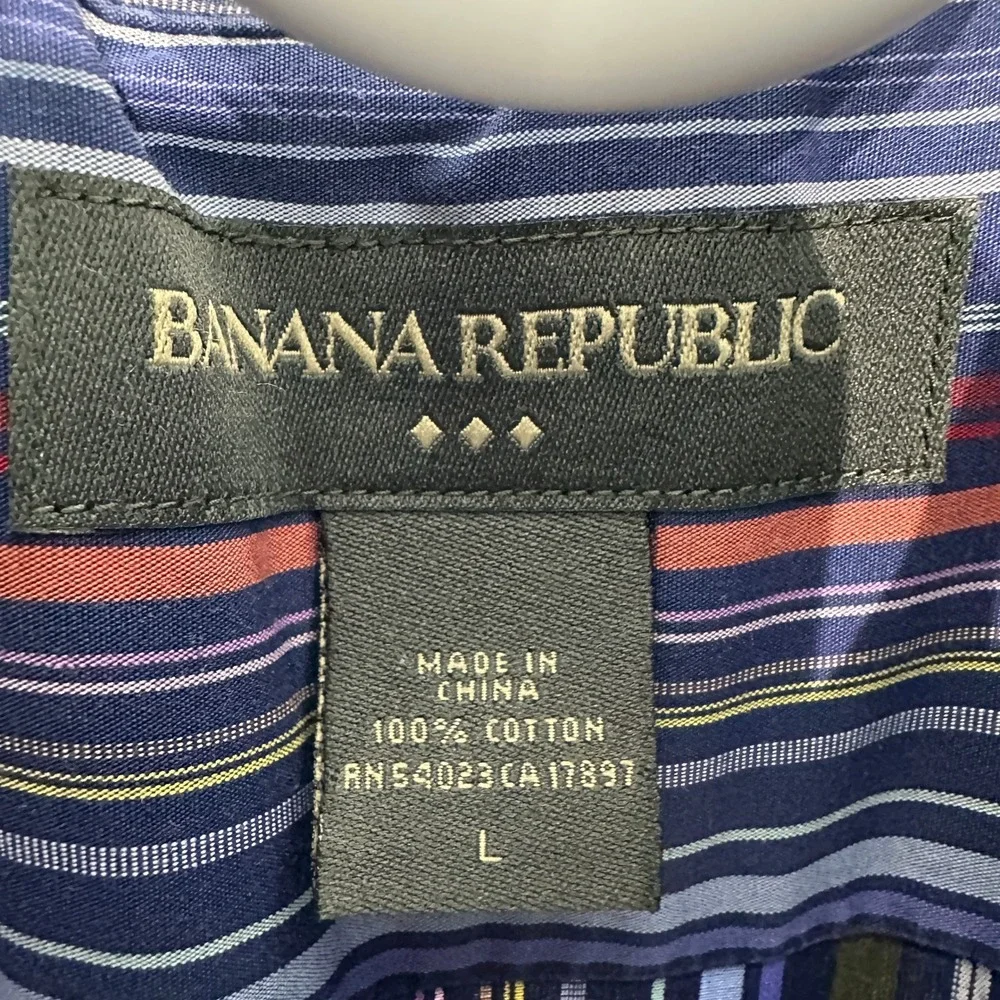 Banana Republic Mens Navy Red Green Stripe Button Up Dress‎ Shirt Large Cotton